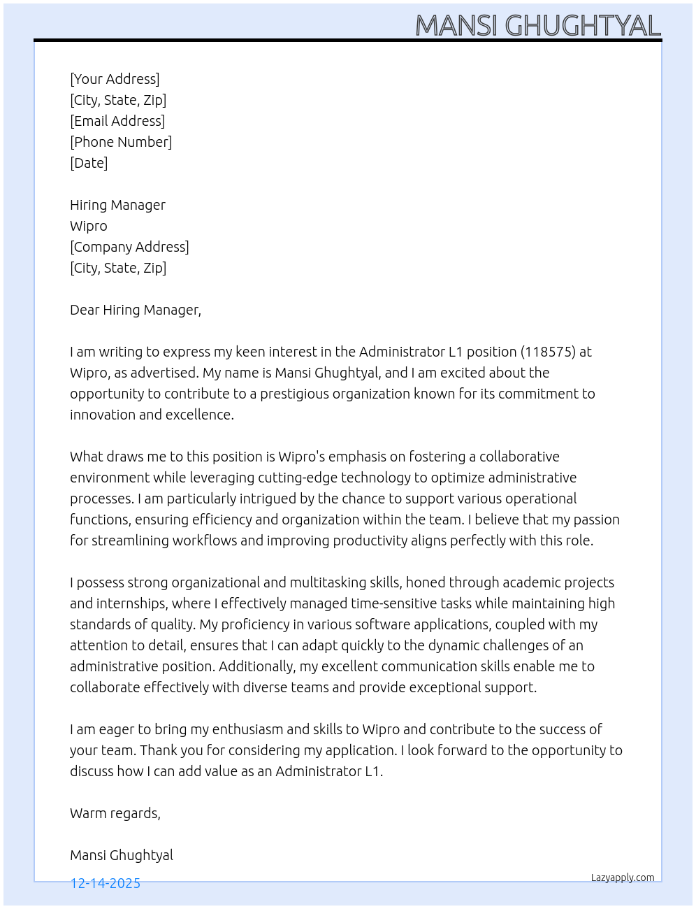 Administrator L1 (118575) At Wipro Cover Letter
