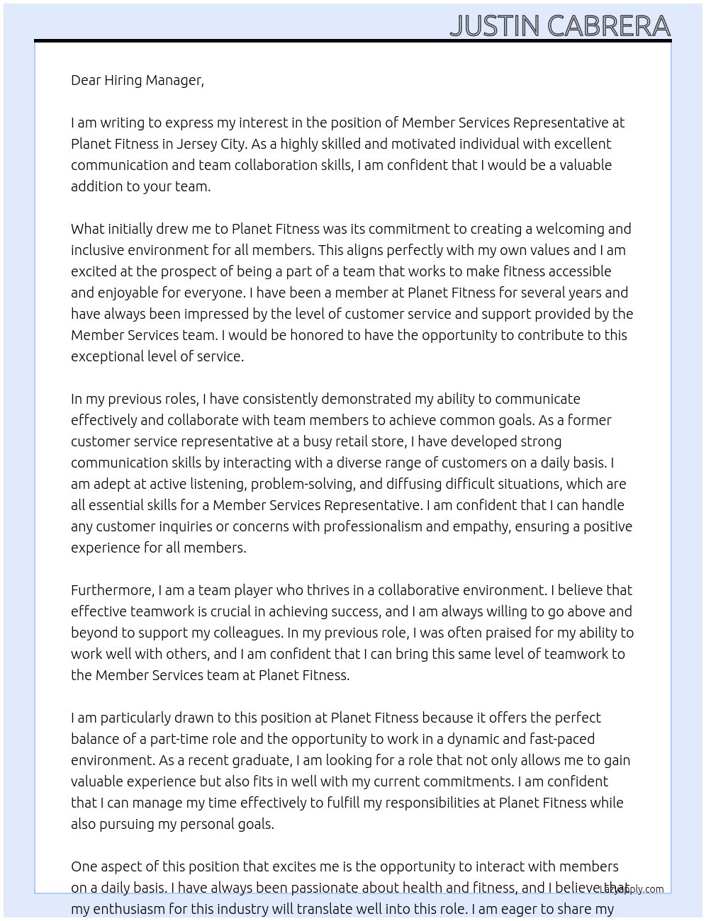 Member Services Representative At Planet Fitness Cover Letter
