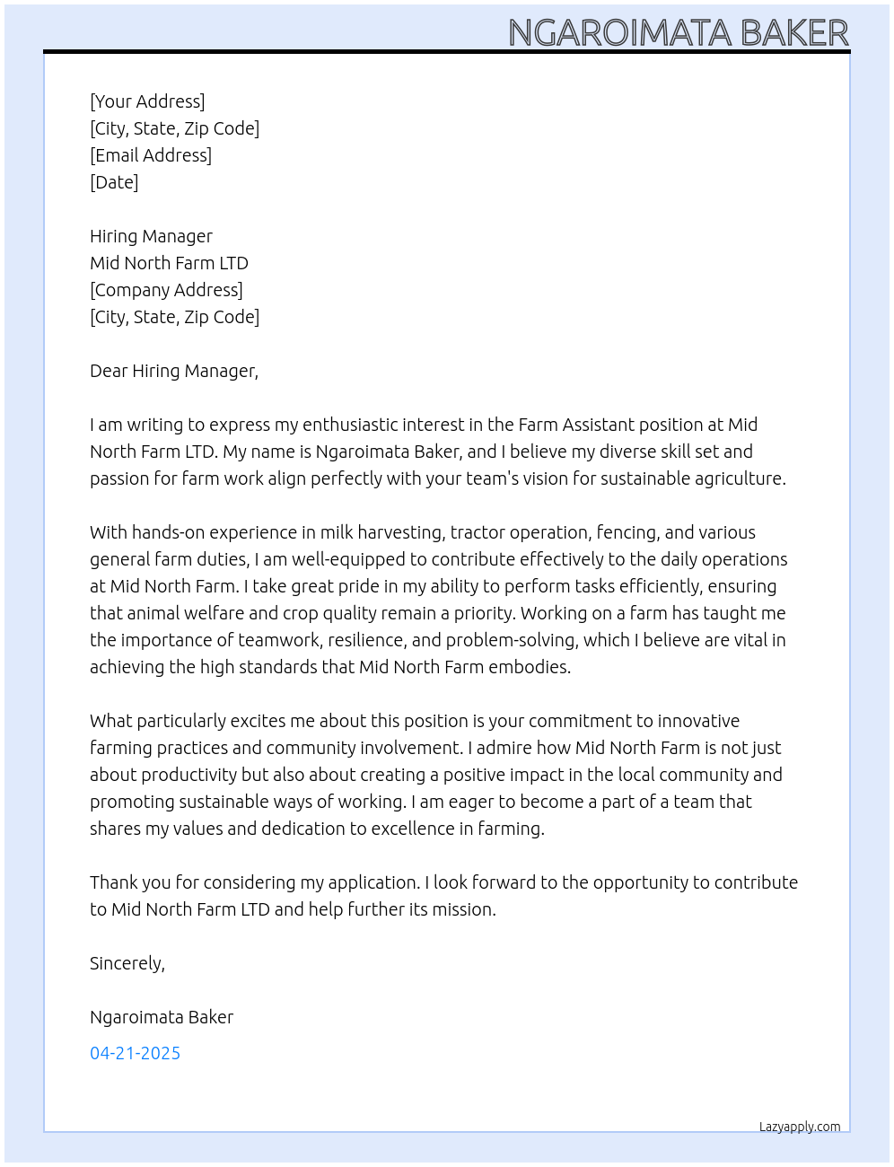 Farm Assistant  At Mid North Farm LTD Cover Letter