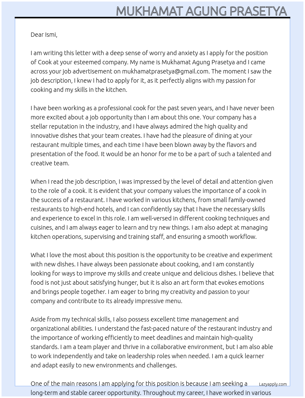Cook At mukhamatprasetya@gmail.com Cover Letter