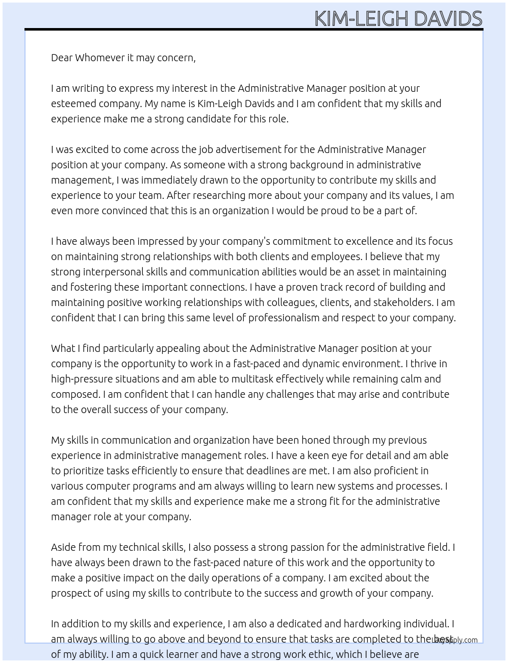 Administrative Manager At any Cover Letter