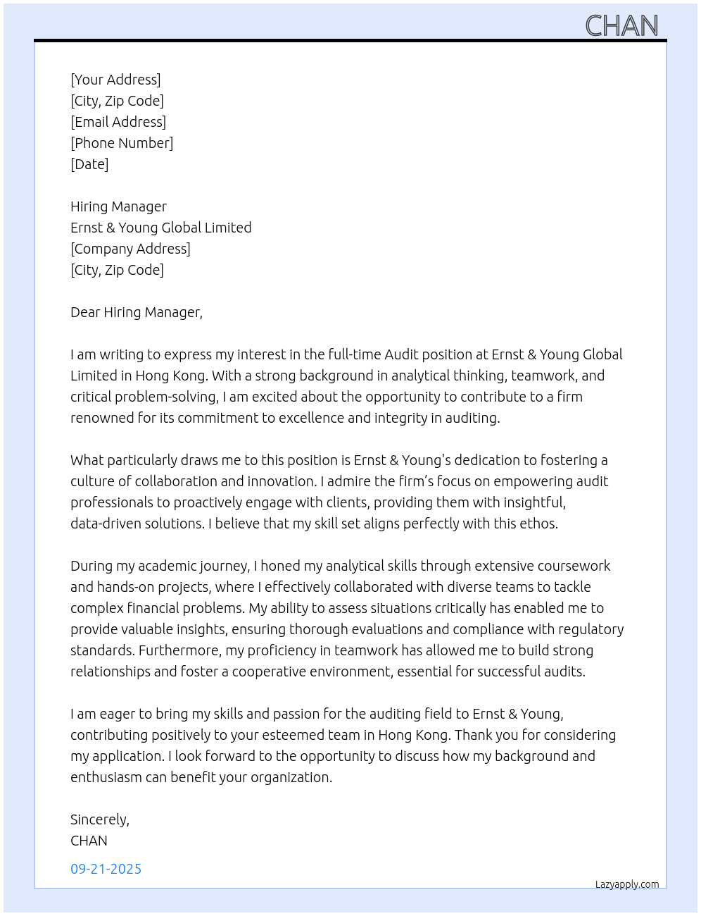 Audit At Ernst & Young Global Limited Cover Letter