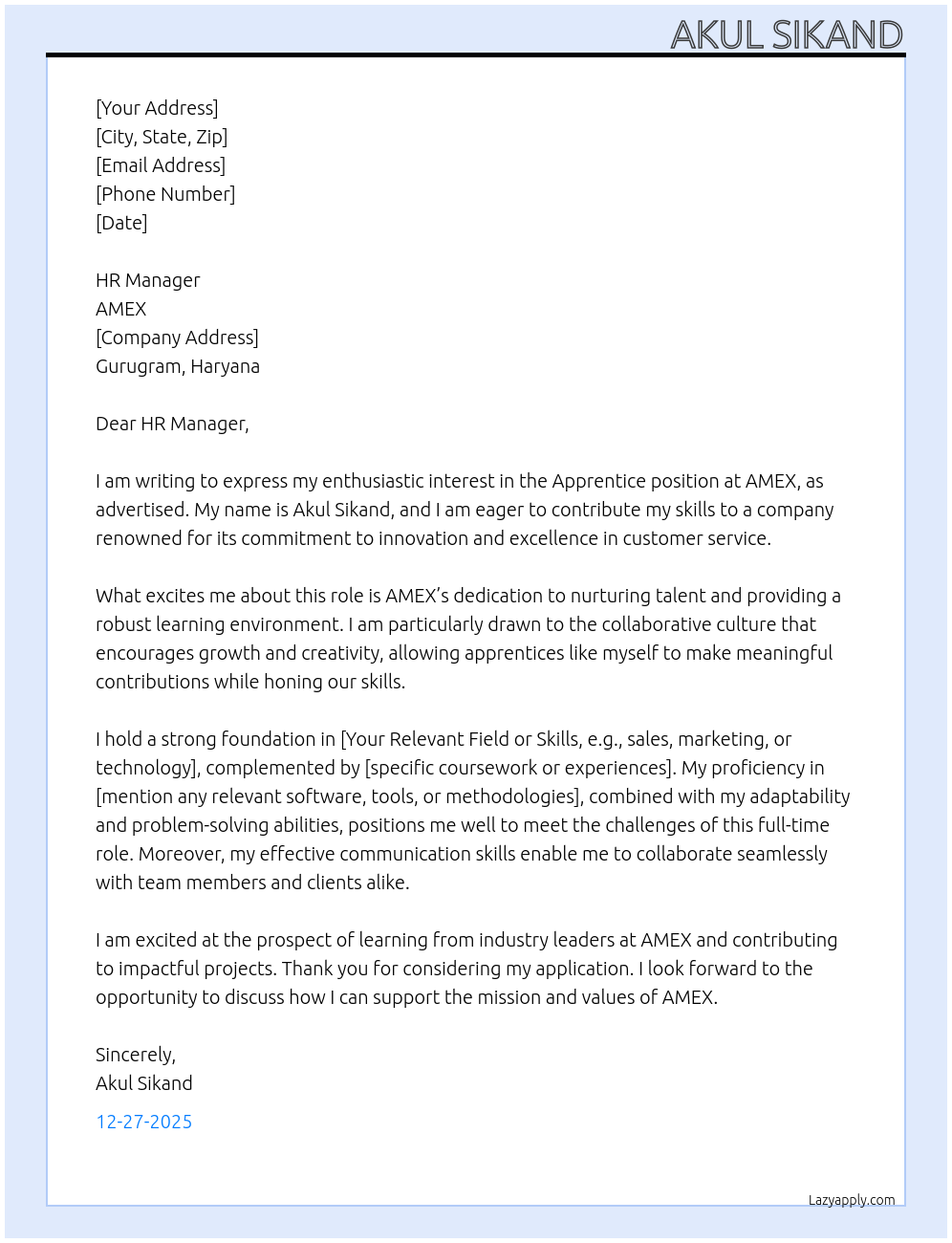 Cover letter for apprentice - LazyApply