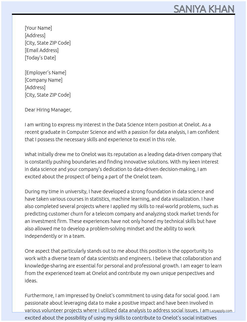 Data science intern At onelot Cover Letter