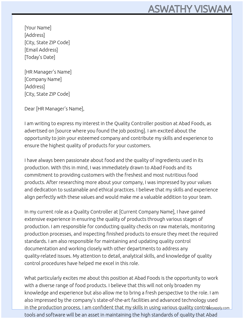Quality Controller At Abad Foods Cover Letter