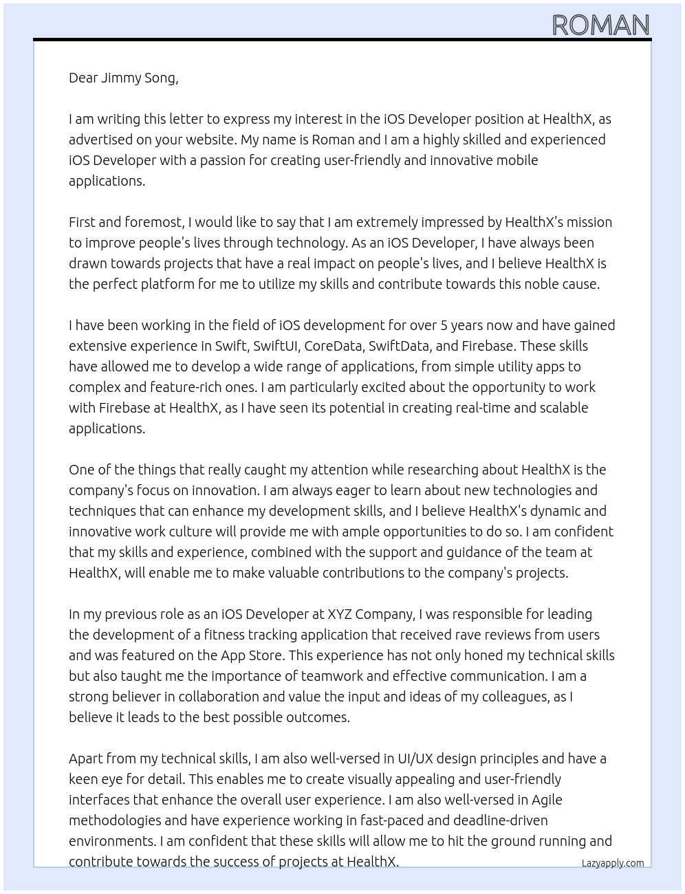 iOS Developer At HealthX Cover Letter