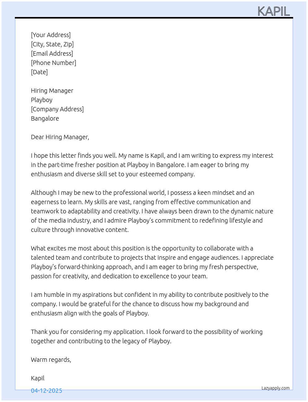 Fresher  At Playboy Cover Letter