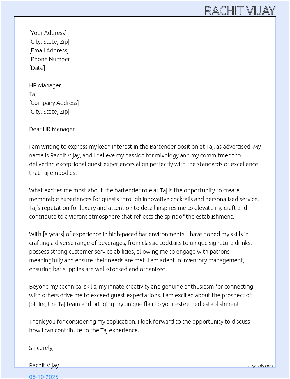 bartender At TAJ Cover Letter