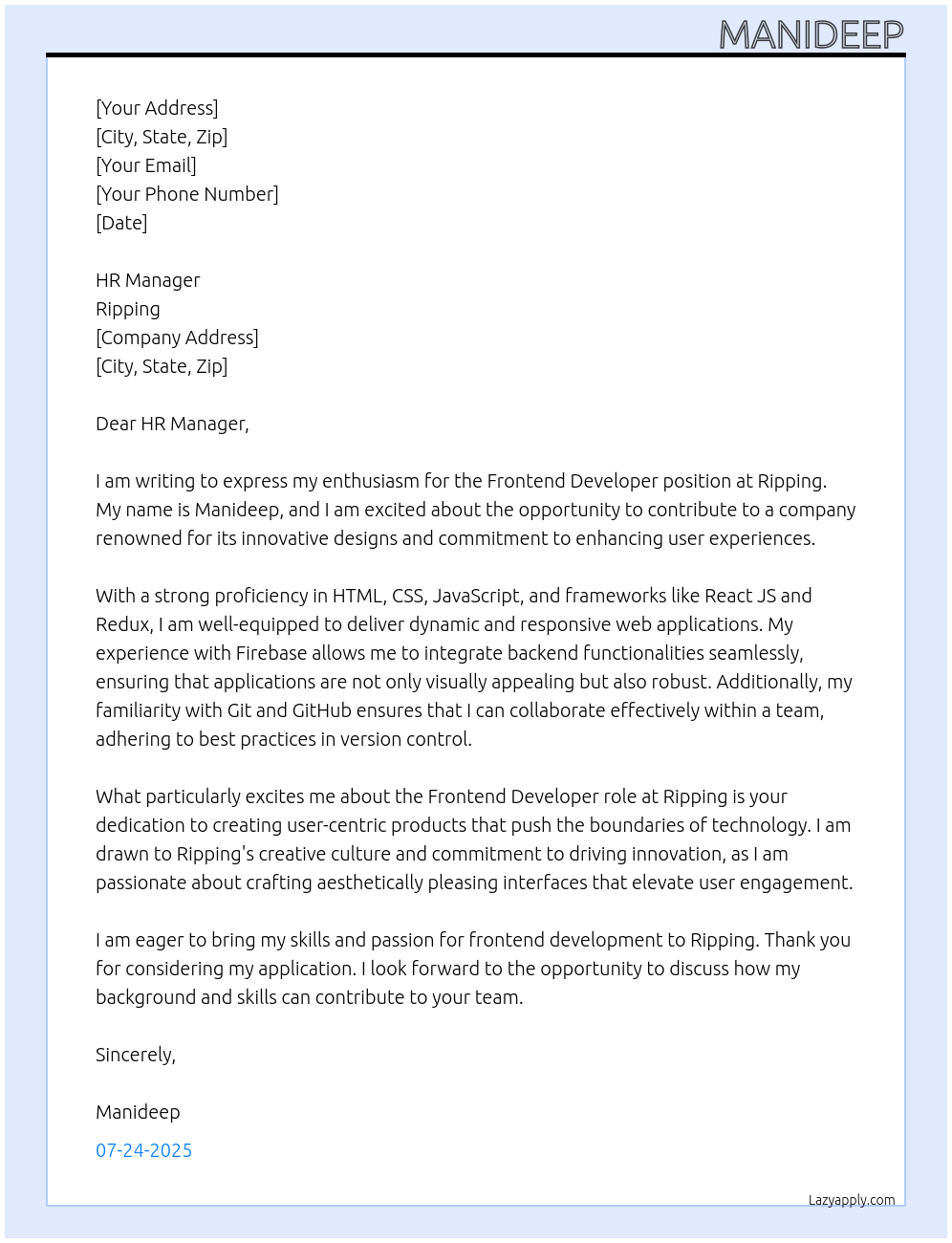 Frontend Developer At Ripping Cover Letter