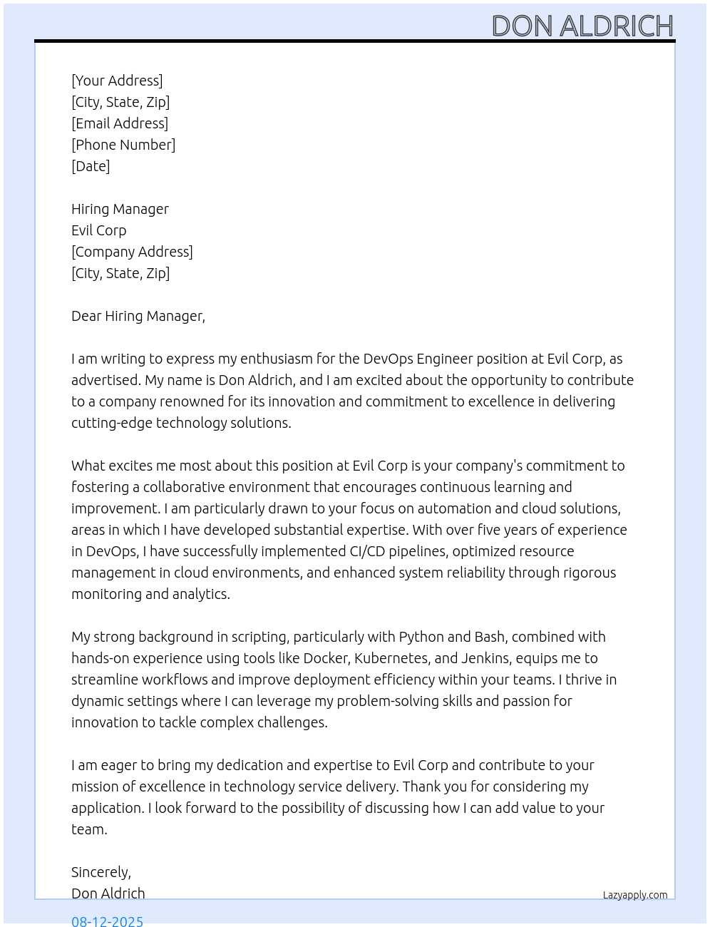 DevOps Engineer At Evil Corp Cover Letter