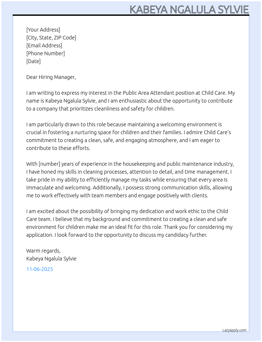 Cover letter for public area attendant - LazyApply