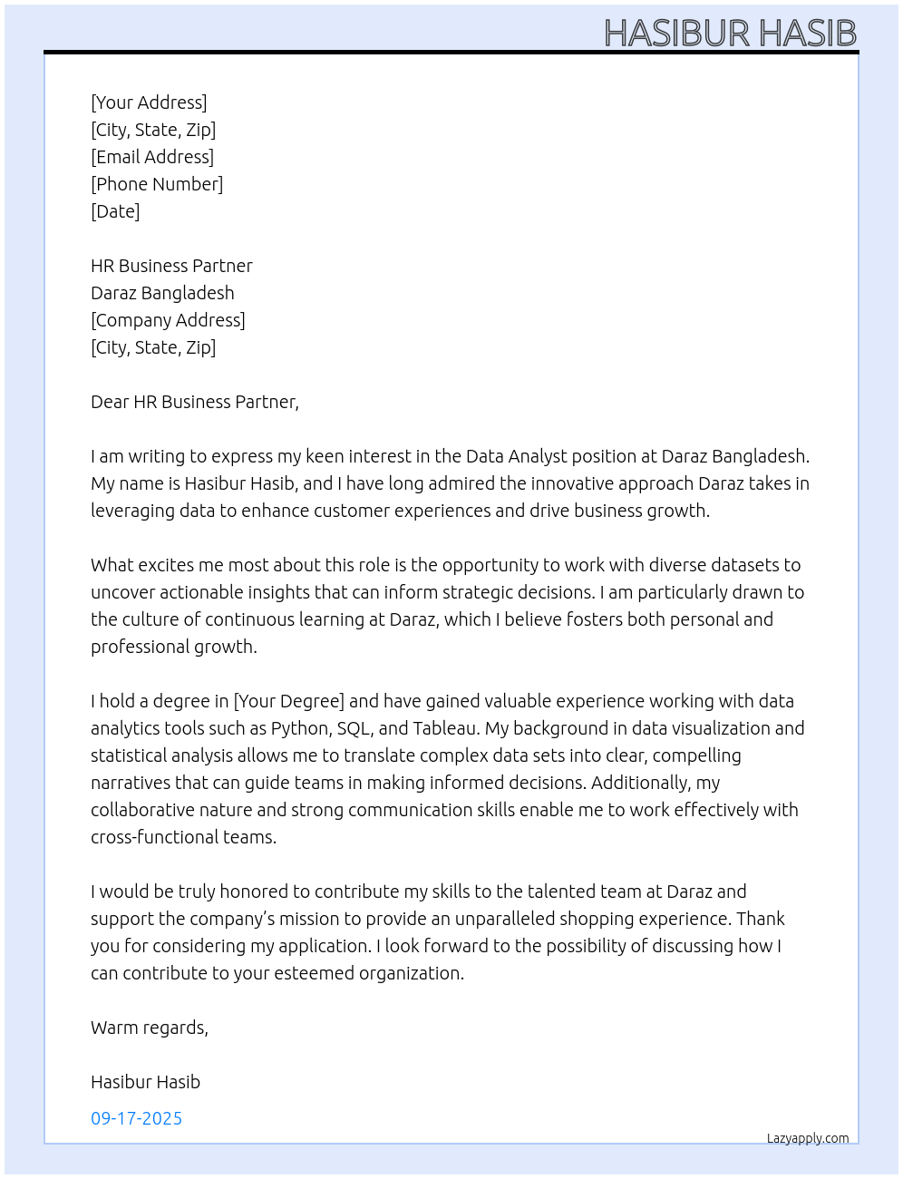 Data Analyst At Daraz Bangladesh Cover Letter