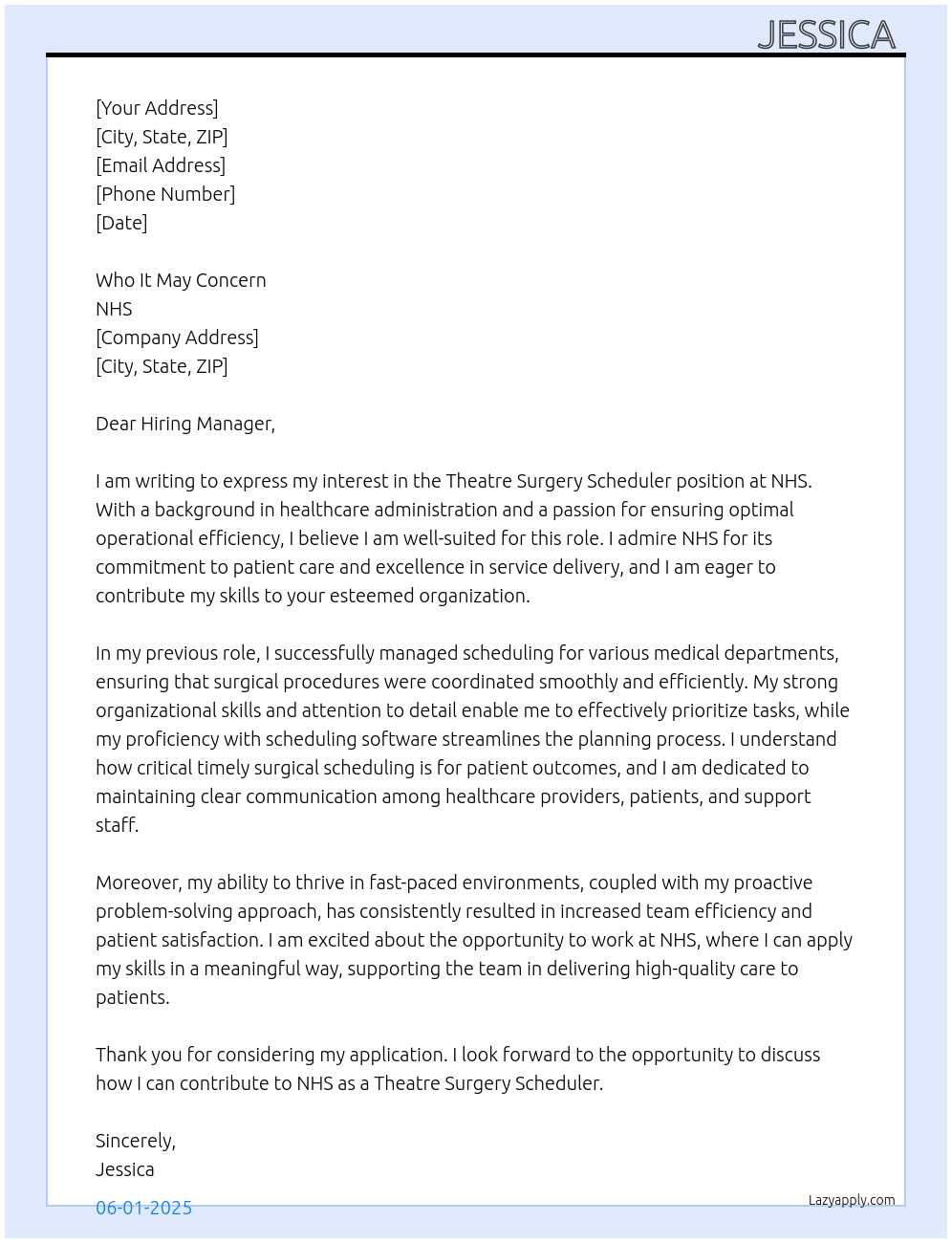 Theatre surgery scheduler At NHS Cover Letter