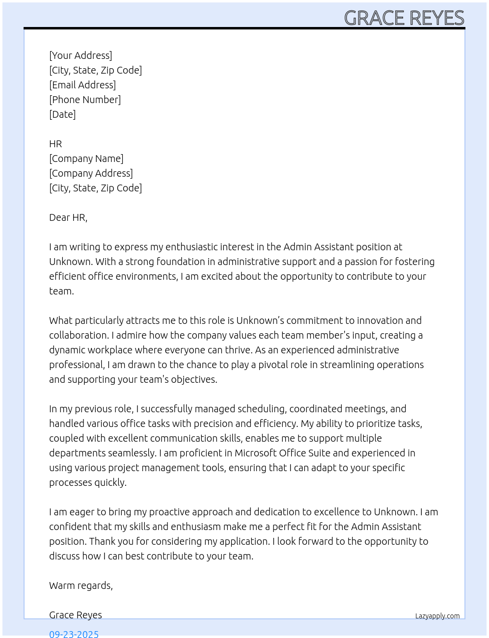 Admin Assistant At Unknown Cover Letter