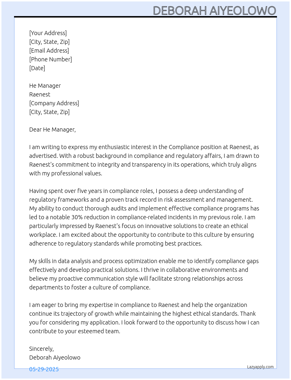 Cover letter for compliance - LazyApply