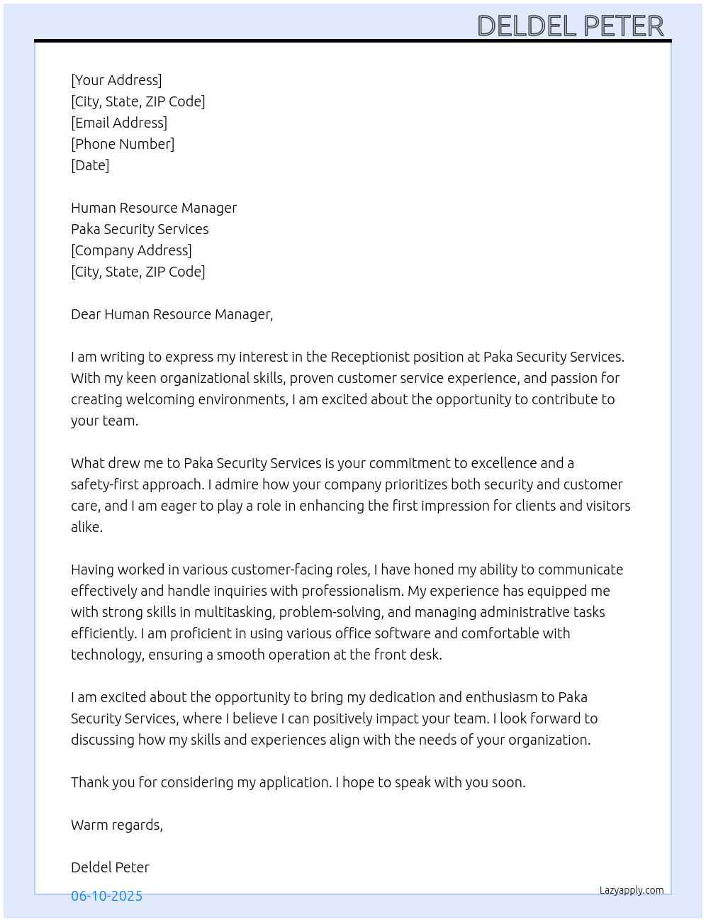 Receptionist At Paka Security Services Cover Letter