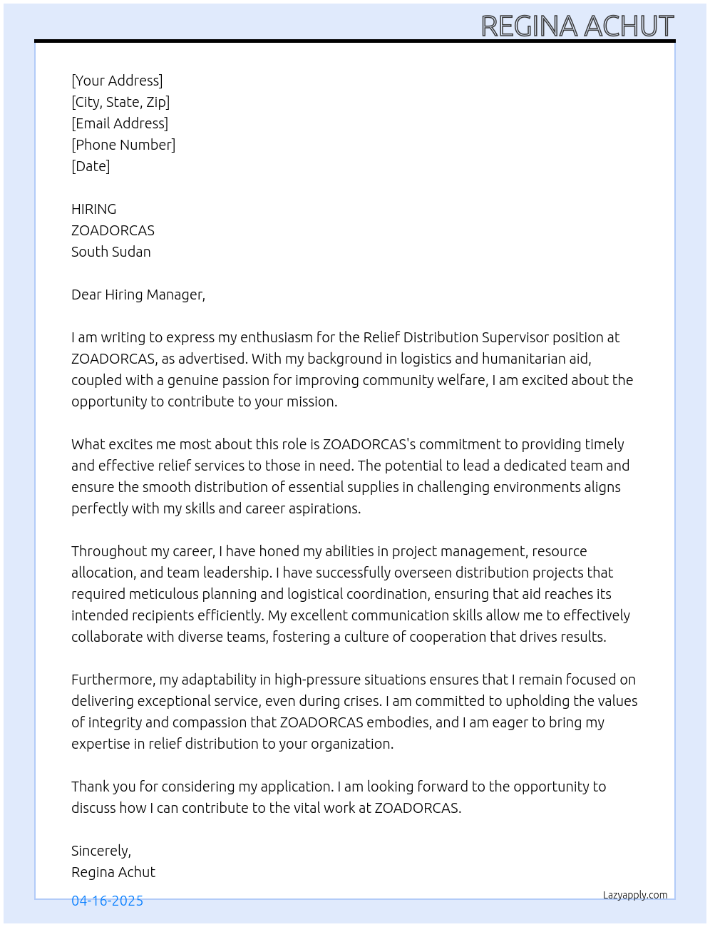 Relief distribution Supervisor  At ZOADORCAS, SOUTH SUDAN Cover Letter