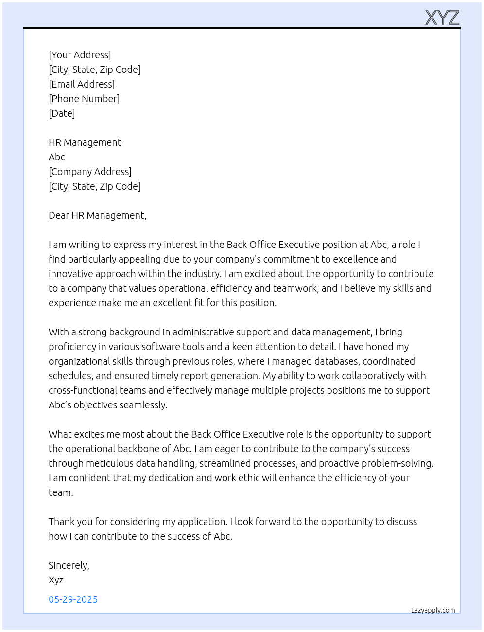 Back office executive At Abc Cover Letter