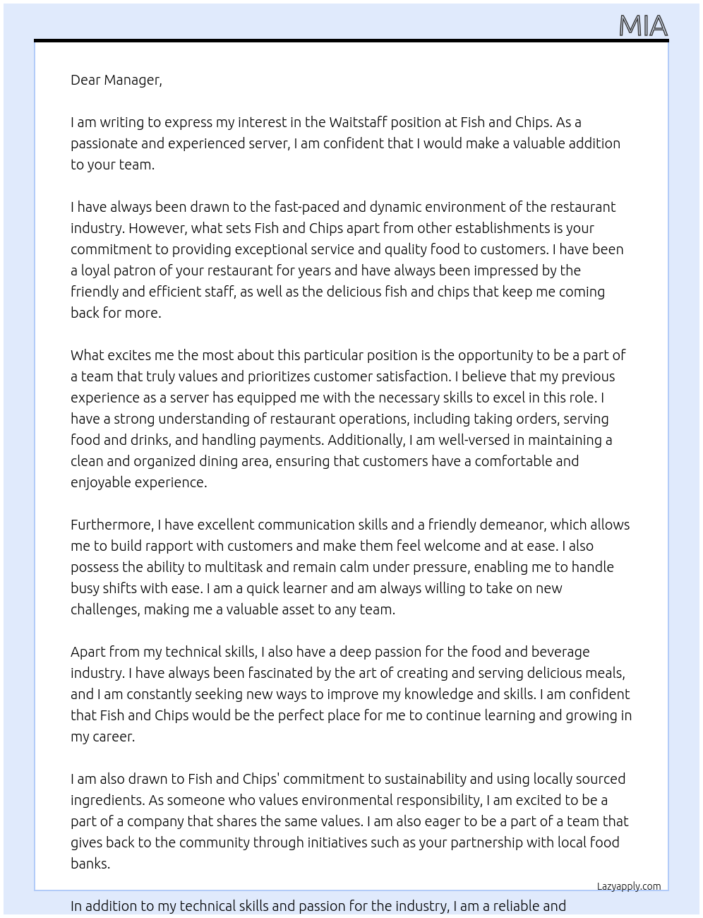 Waitstaff  At Fish and chip Cover Letter