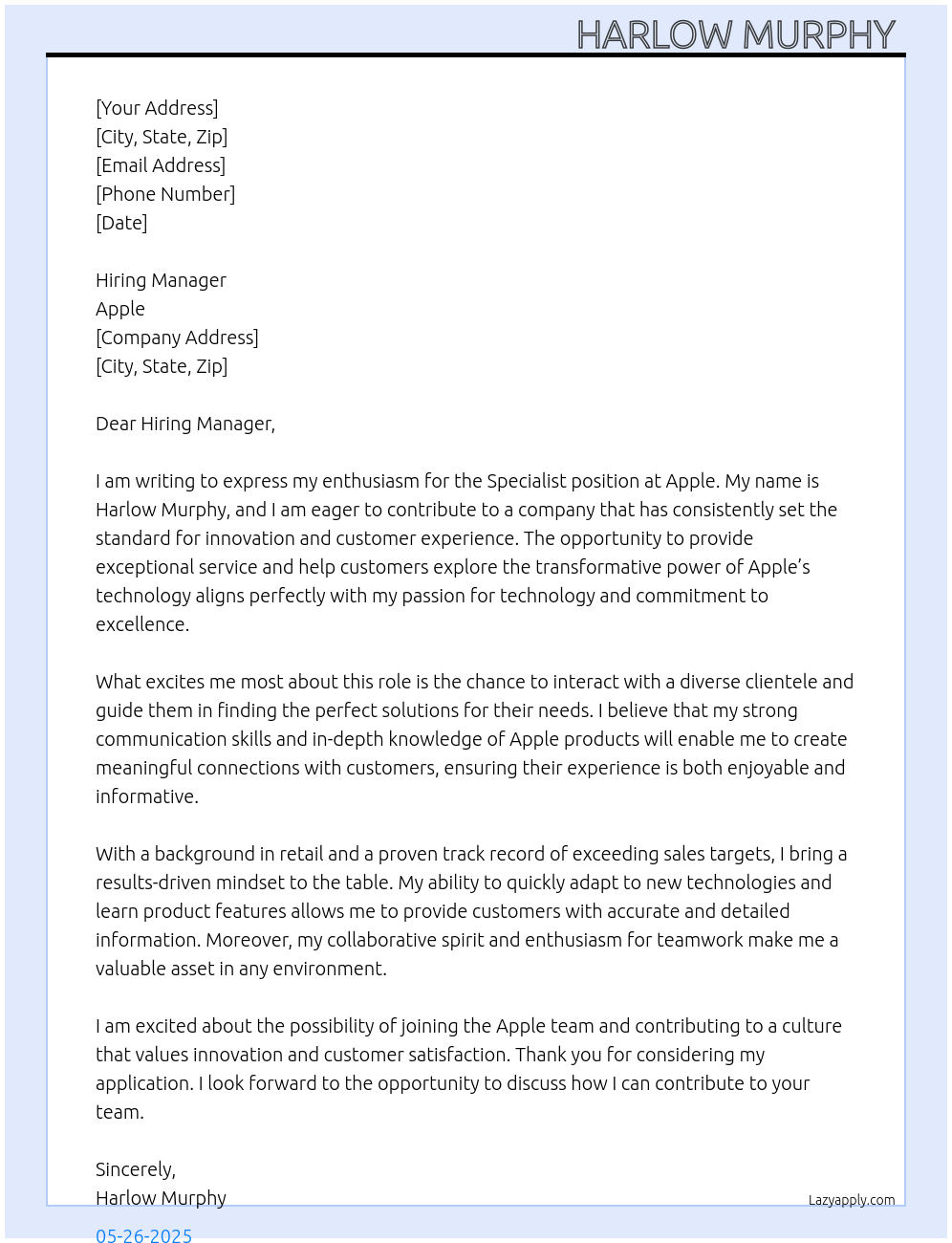 Cover letter for specialist - LazyApply