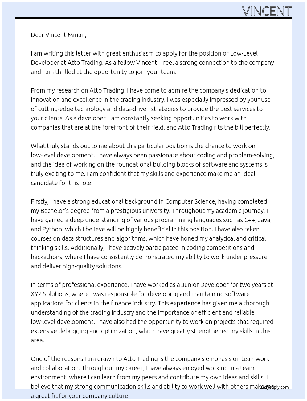 Cover letter for low-level developer - LazyApply