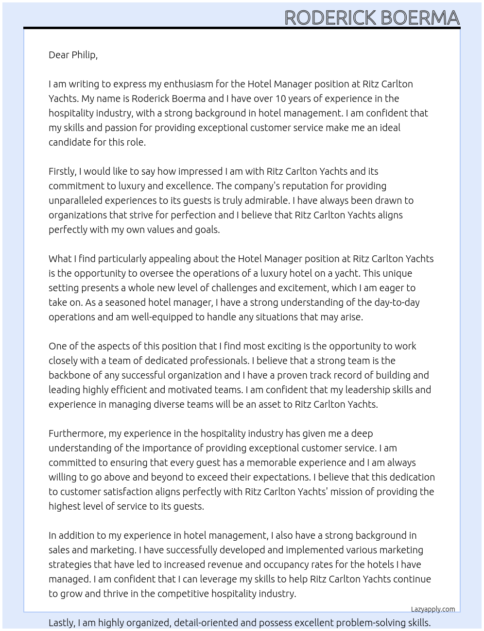 Hotel manager At Ritz Carlton Yachts Cover Letter