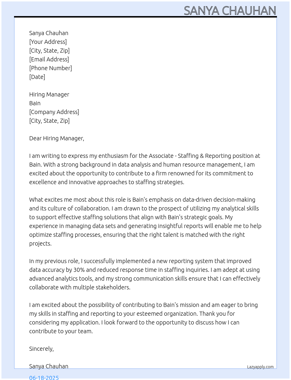 Associate - Staffing & Reporting At Bain Cover Letter