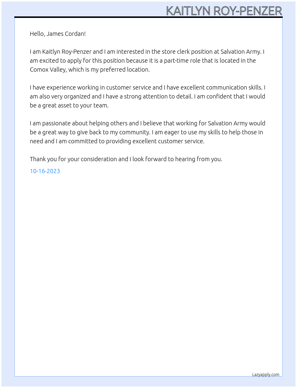 Store Clerk At Salvation Army Cover Letter