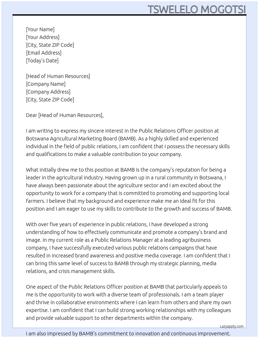 Public Relation Officer At Botswana Agricultural Marketing Board (BAMB) Cover Letter