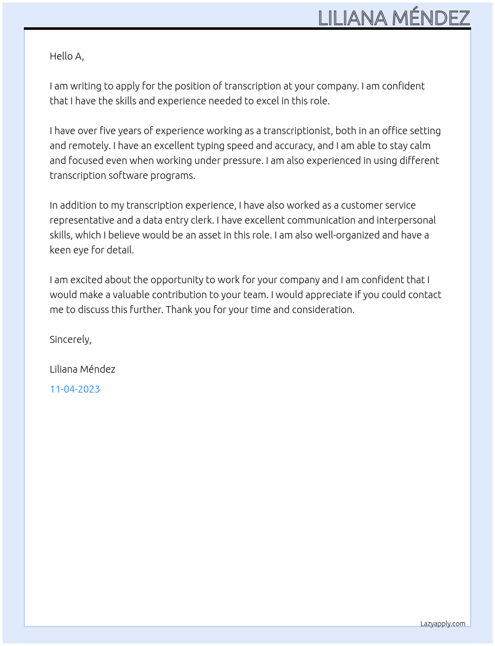 Transcription  At A Cover Letter
