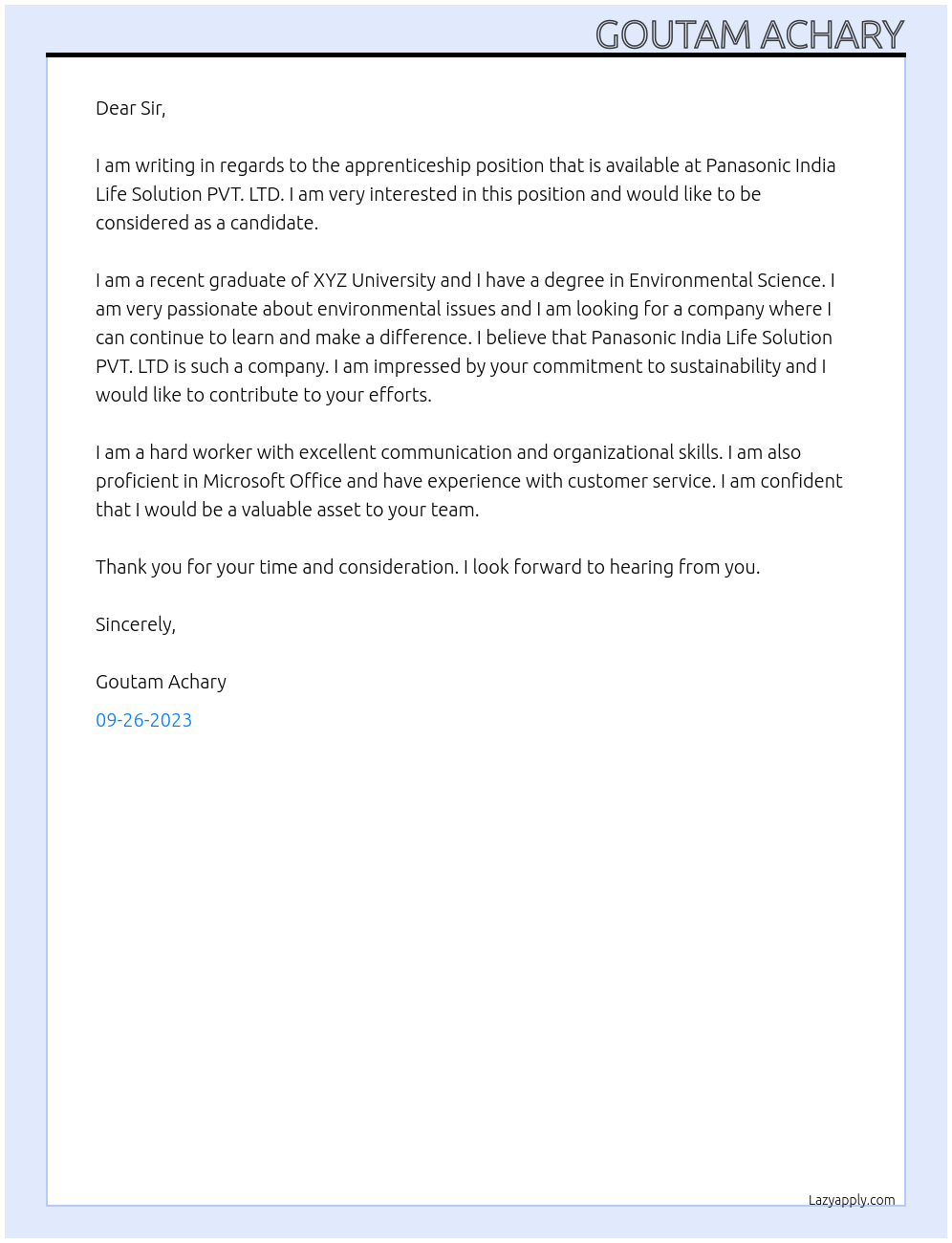 Apprenticeship At Panasonic India Life Solution PVT. LTD. Cover Letter