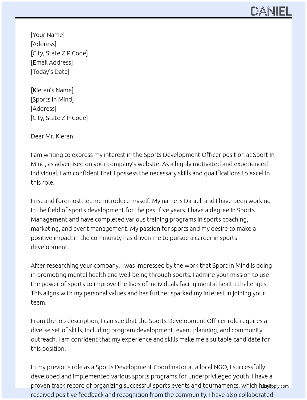 Sports Development Officer  At Sport In Mind Cover Letter