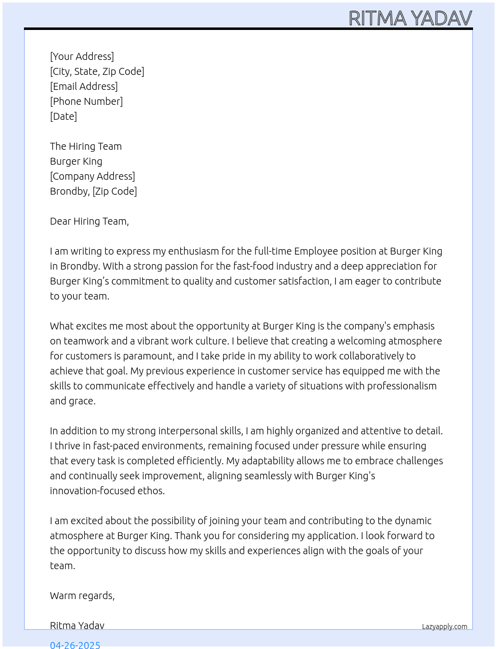 Employee At Burger King Cover Letter