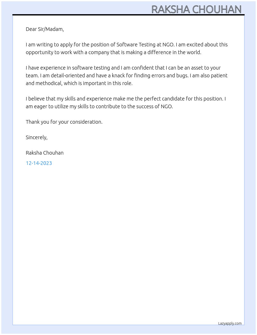 Software Testing  At NGO Cover Letter