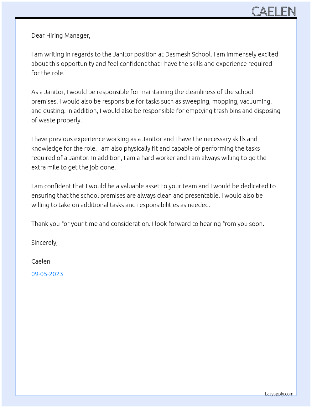 Janitor At Dasmesh School Cover Letter