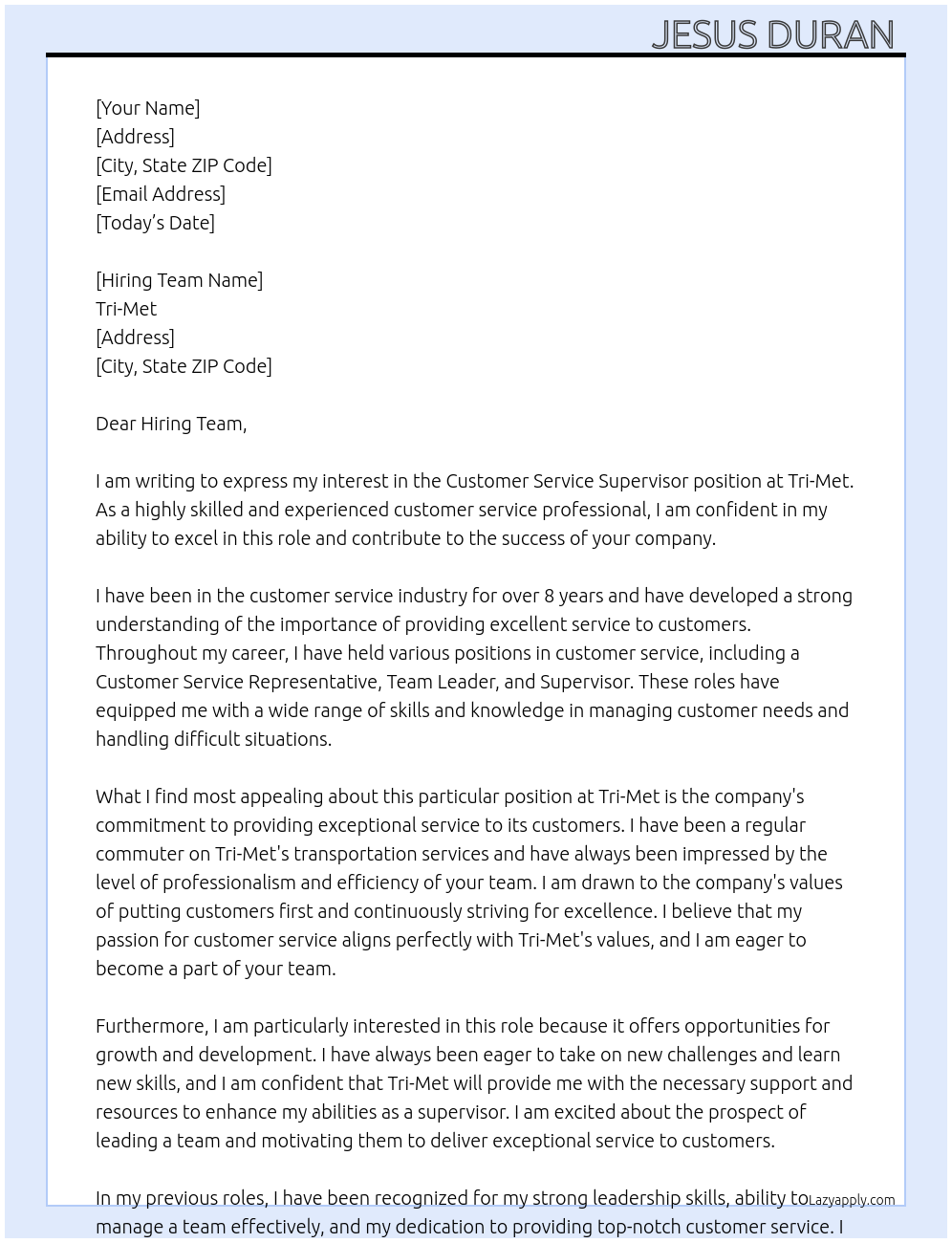 Customer Service Supervisor At Tri-Met Cover Letter