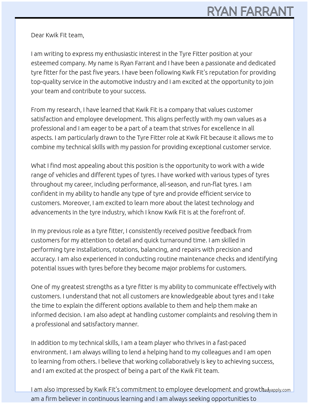 Tyre fitter At Kwik fit Cover Letter