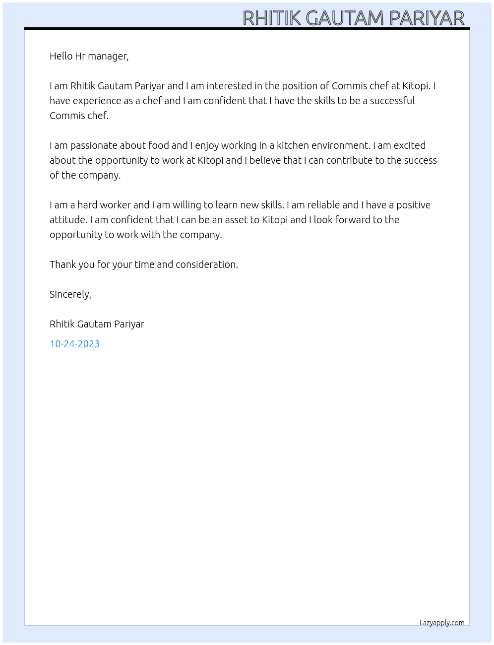 Commis chef At Kitopi Cover Letter