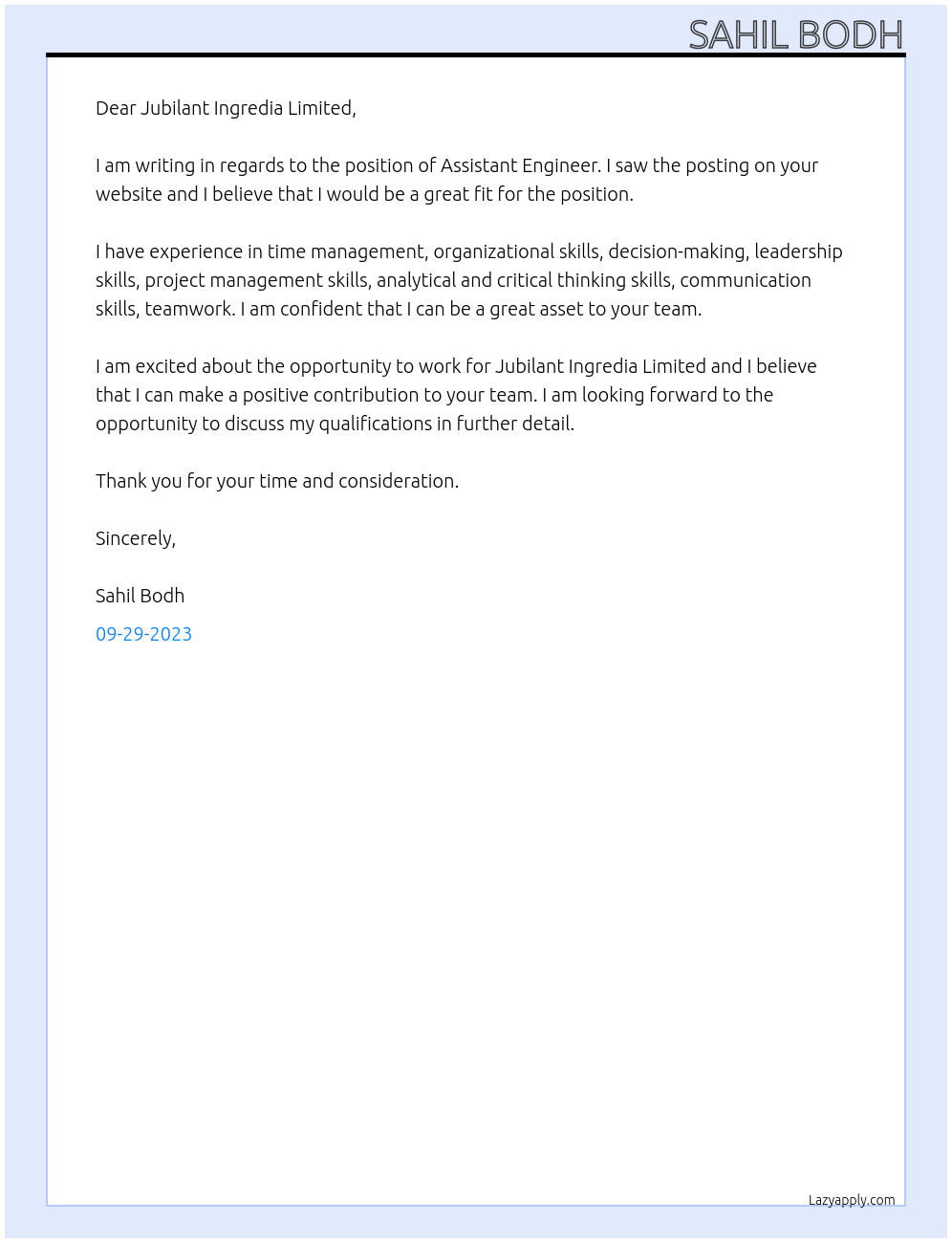 Assistant engineer At Jubilant ingrevia limited Cover Letter