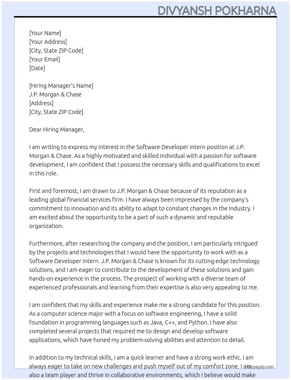 Software Developer Intern At J.P. Morgan & Chase Cover Letter