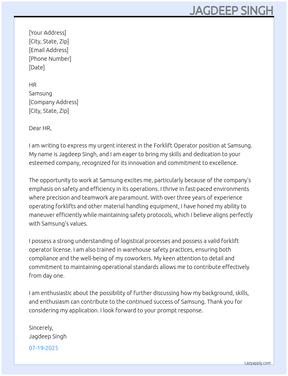 Forklift operator At Samsung Cover Letter