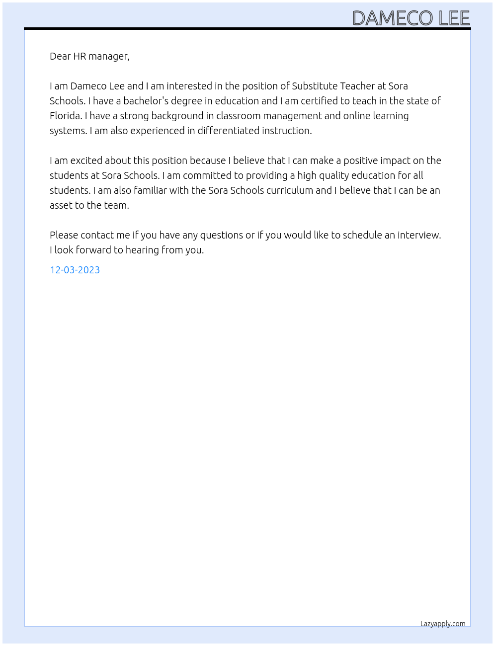 Substitute Teacher At Sora Schools Cover Letter