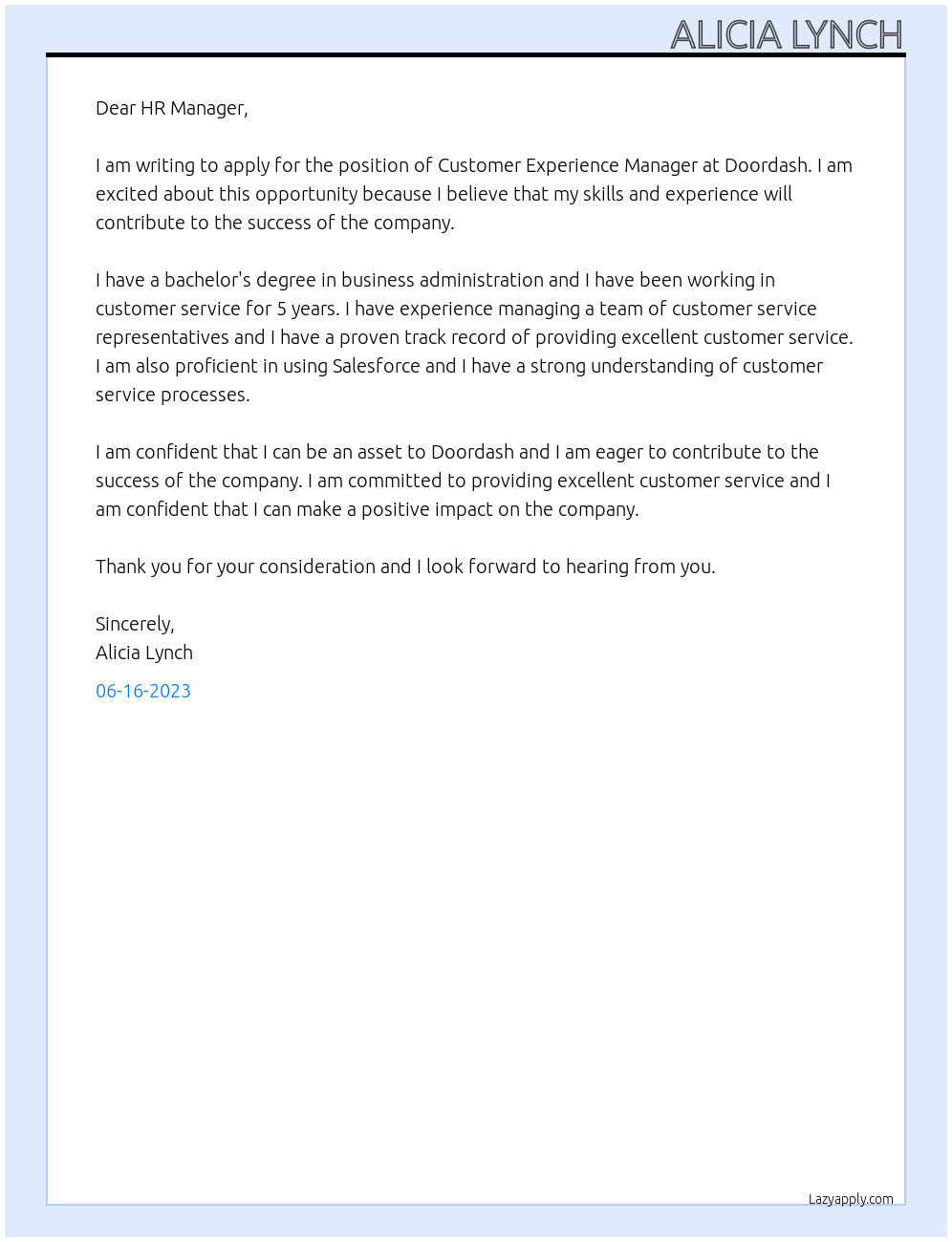 Customer Experience Manager At Doordash Cover Letter