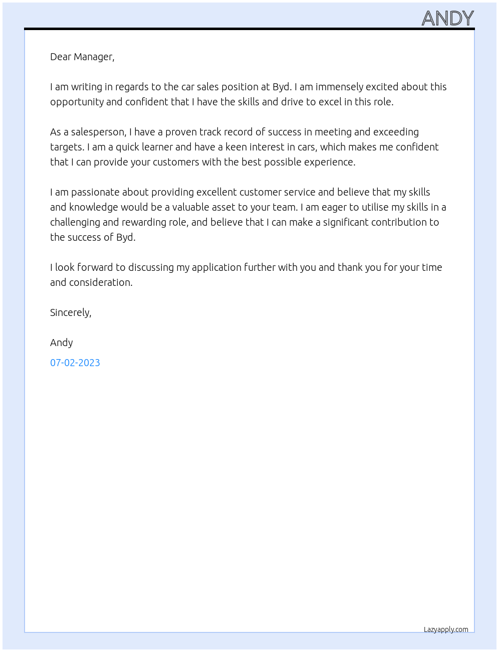 Car sales  At Byd Cover Letter