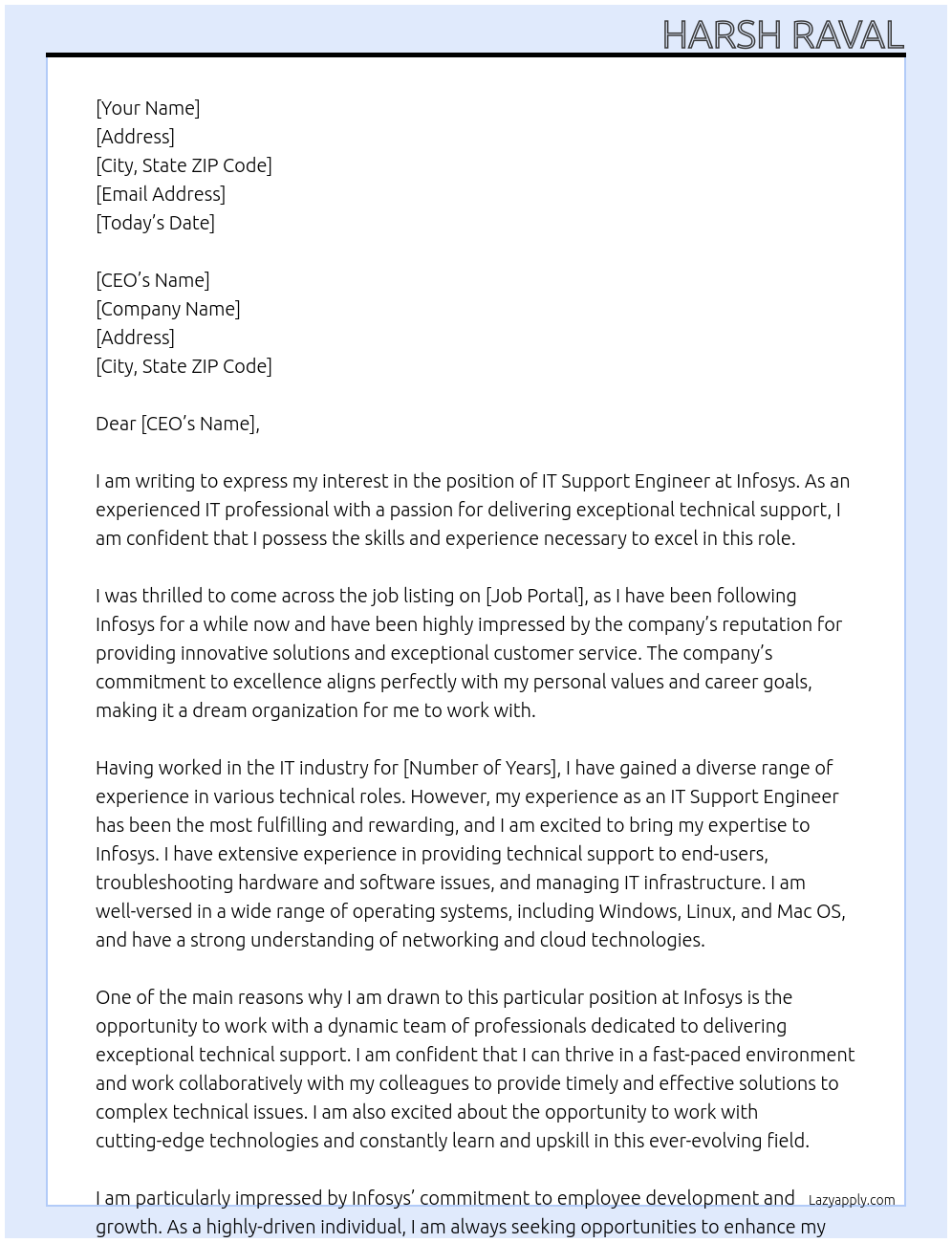 It support engineer At Infosys Cover Letter