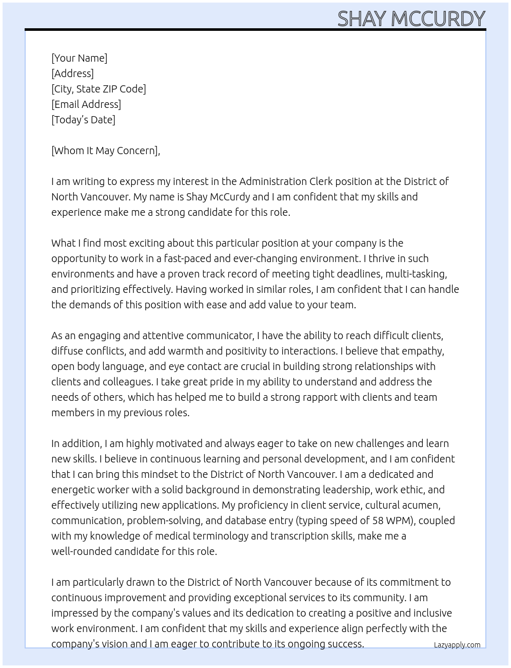 Administration Clerk At District of North Vancouver Cover Letter