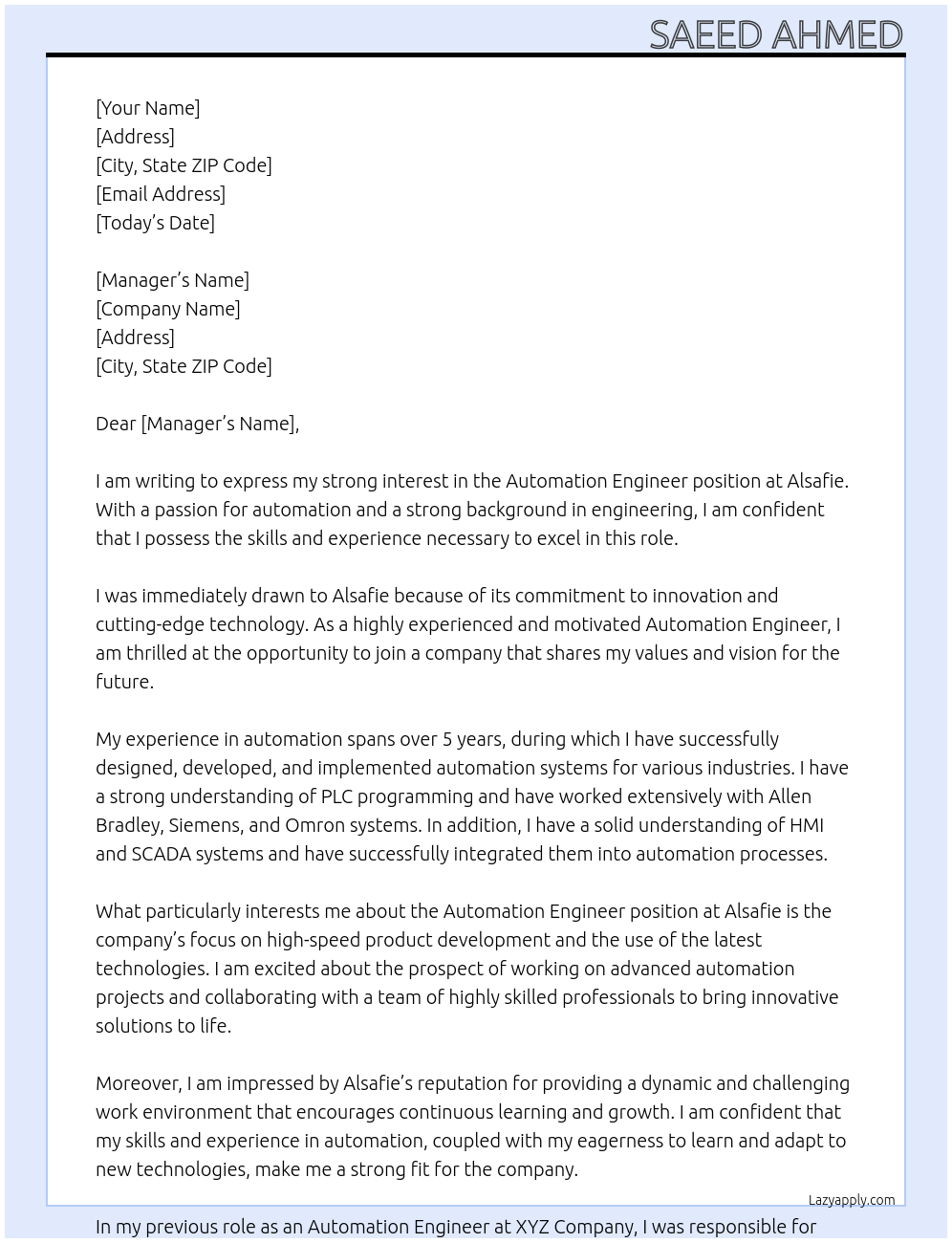 Automation Engineer At Alsafie Cover Letter