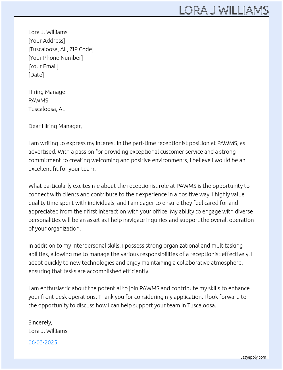 receptionist At pawms Cover Letter