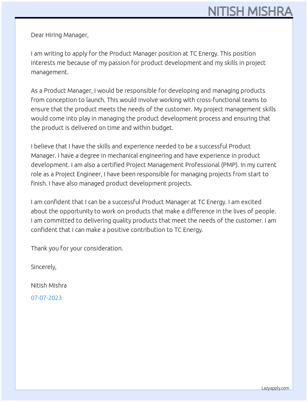 Product Manager At TC energy Cover Letter