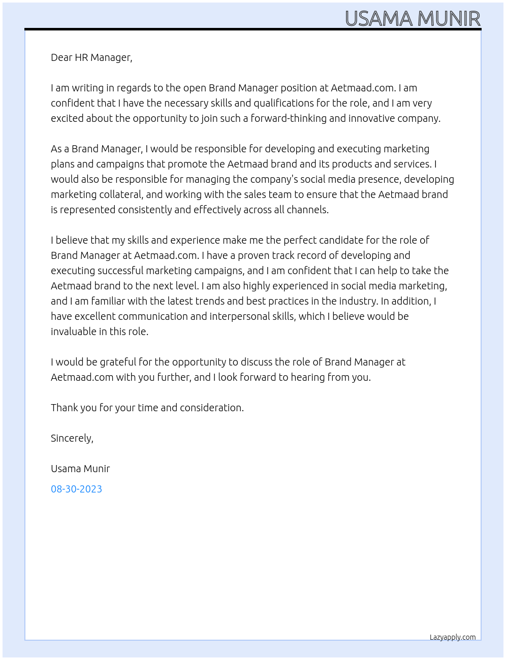 Brand Manager At Aetmaad.com Cover Letter